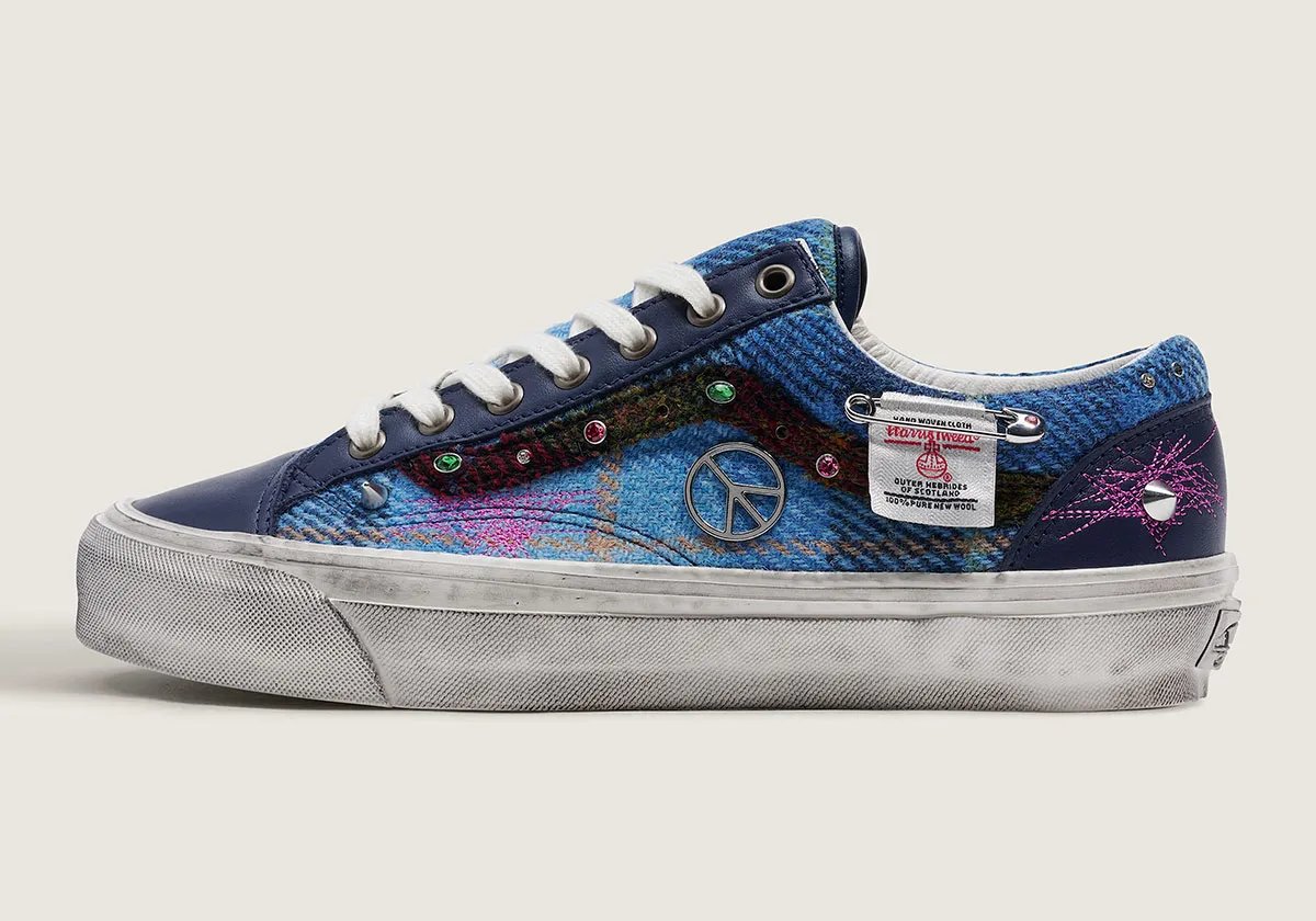 Vans Harris Tweed collection featuring Old Skool, Classic Slip-On, and Loafer 53 with Scottish tweed material and distressed embellishments - detail view 1