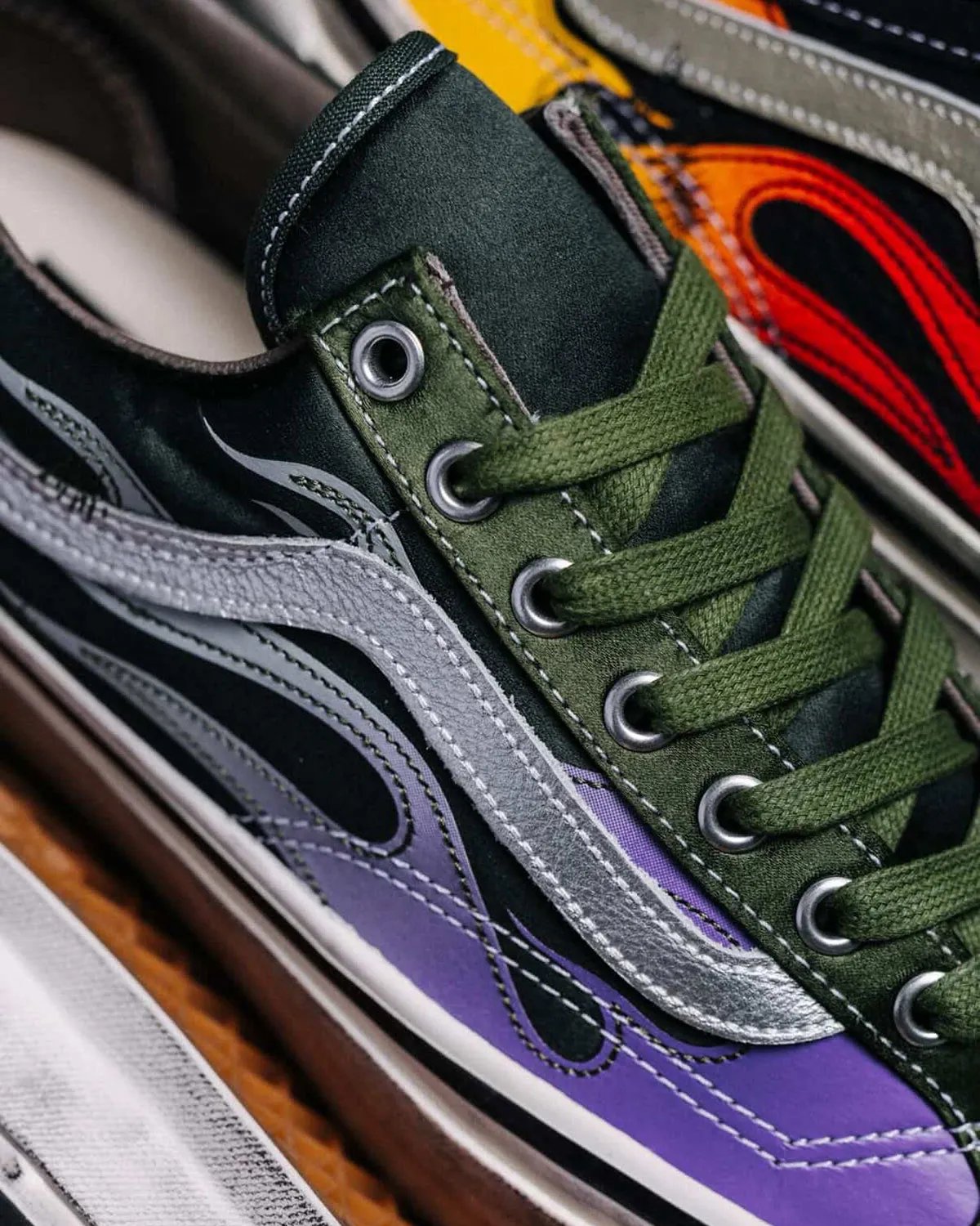 Vans Old Skool in Archive Flame colorway showing canvas upper with side stripe detail - detail view 2